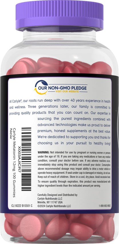 Carlyle Melatonin Gummies 12mg - Berry Flavor, 100 Count | Vegan, Non-GMO, Gluten Free