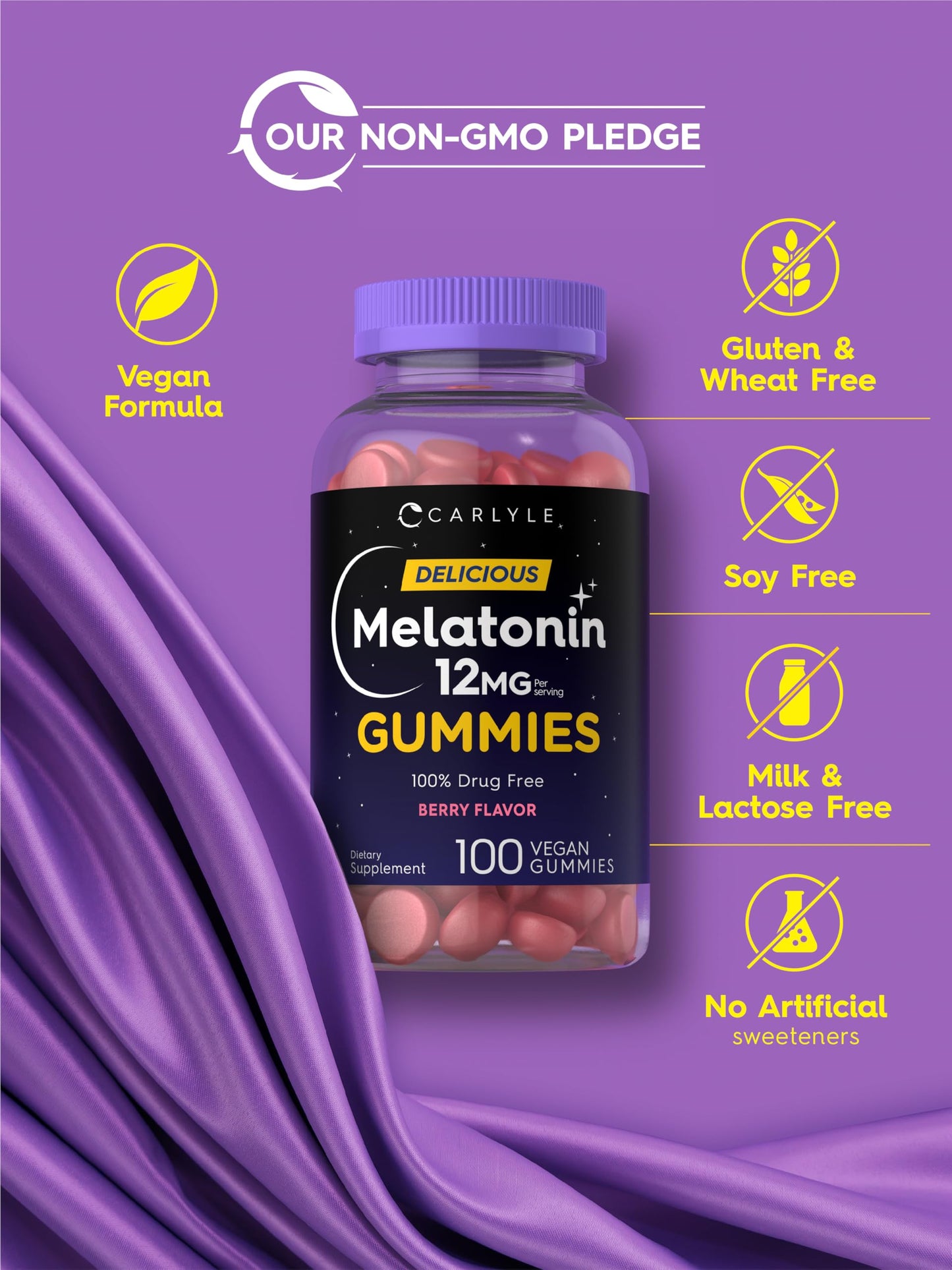 Carlyle Melatonin Gummies 12mg - Berry Flavor, 100 Count | Vegan, Non-GMO, Gluten Free