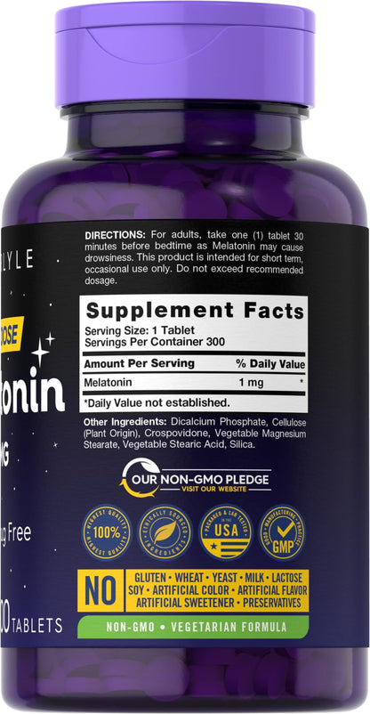 Carlyle Melatonin 1 mg - 300 Low-Dose Tablets - Vegetarian, Non-GMO, Gluten Free
