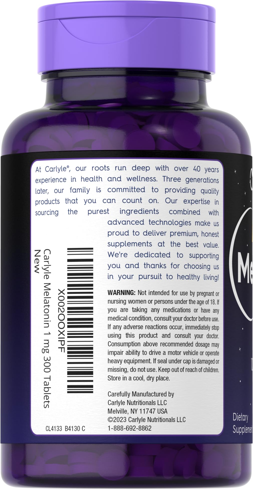 Carlyle Melatonin 1 mg - 300 Low-Dose Tablets - Vegetarian, Non-GMO, Gluten Free