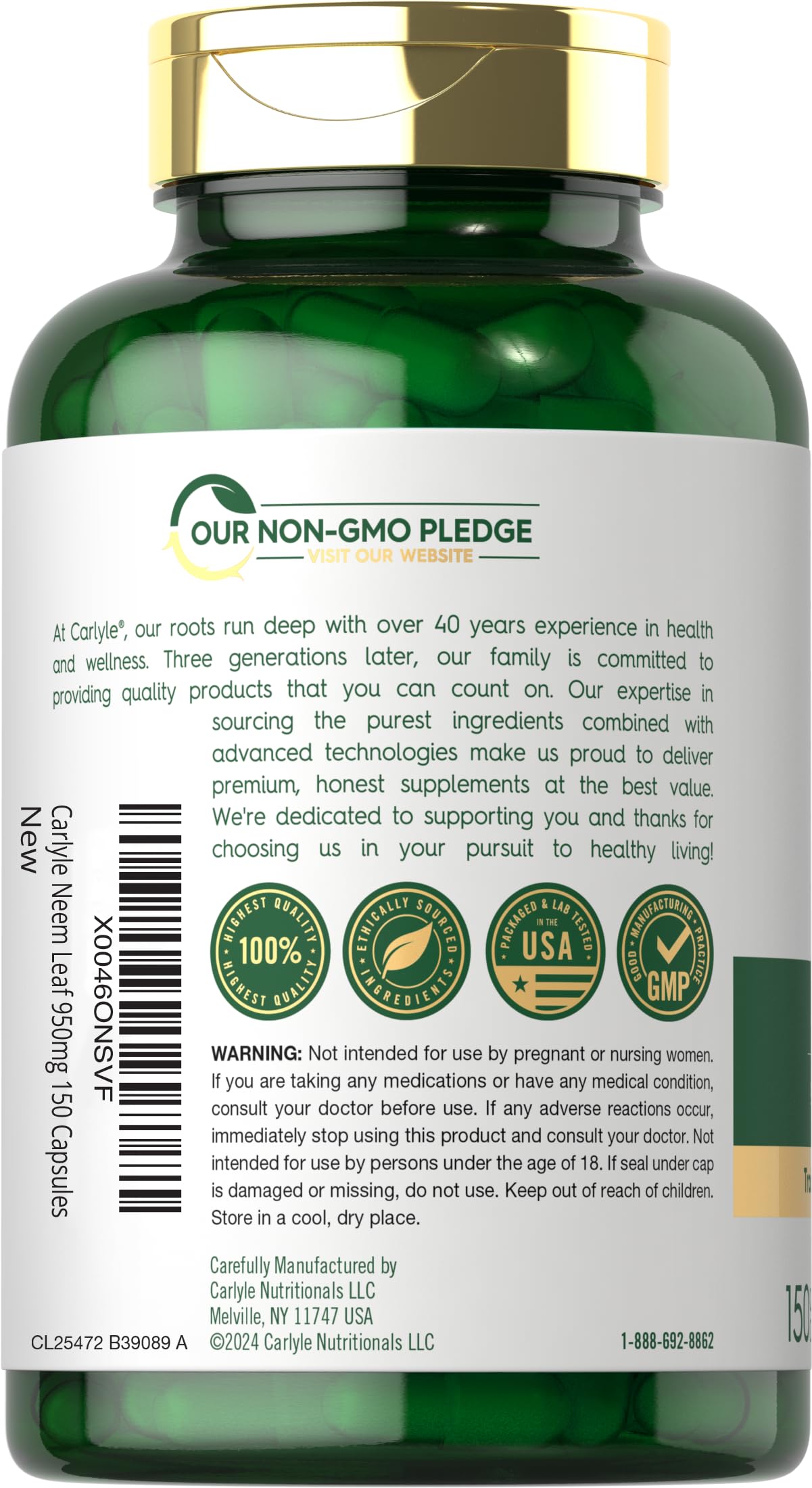 Carlyle Neem Leaf 950mg | 150 Capsules | Non-GMO & Gluten Free | Ayurvedic