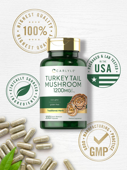 Carlyle Turkey Tail Mushroom Capsules - 1200mg, 200 Count | Non-GMO & Gluten Free