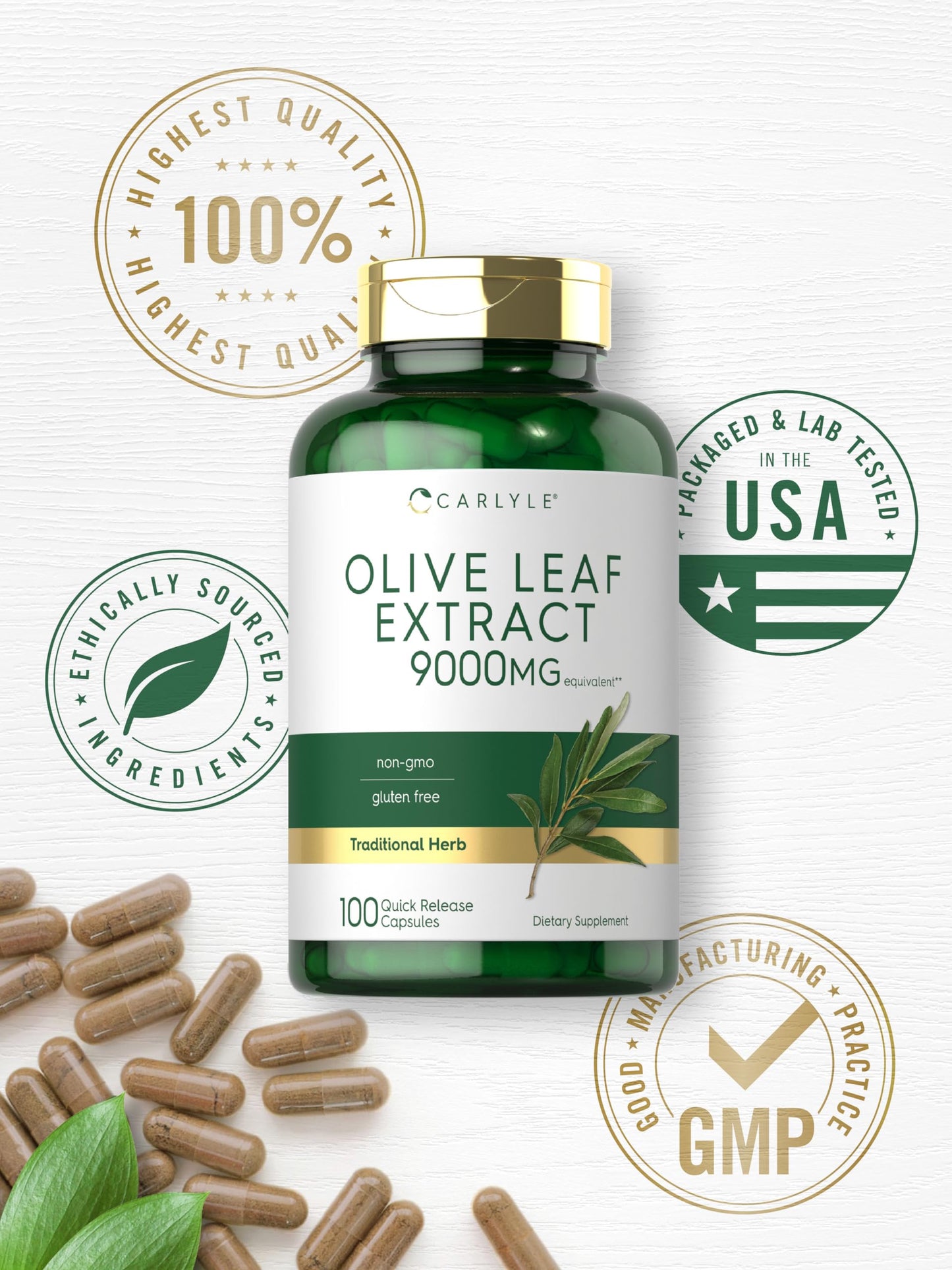 Carlyle Olive Leaf Extract Capsules – 9,000 mg, 100 Count, Non-GMO
