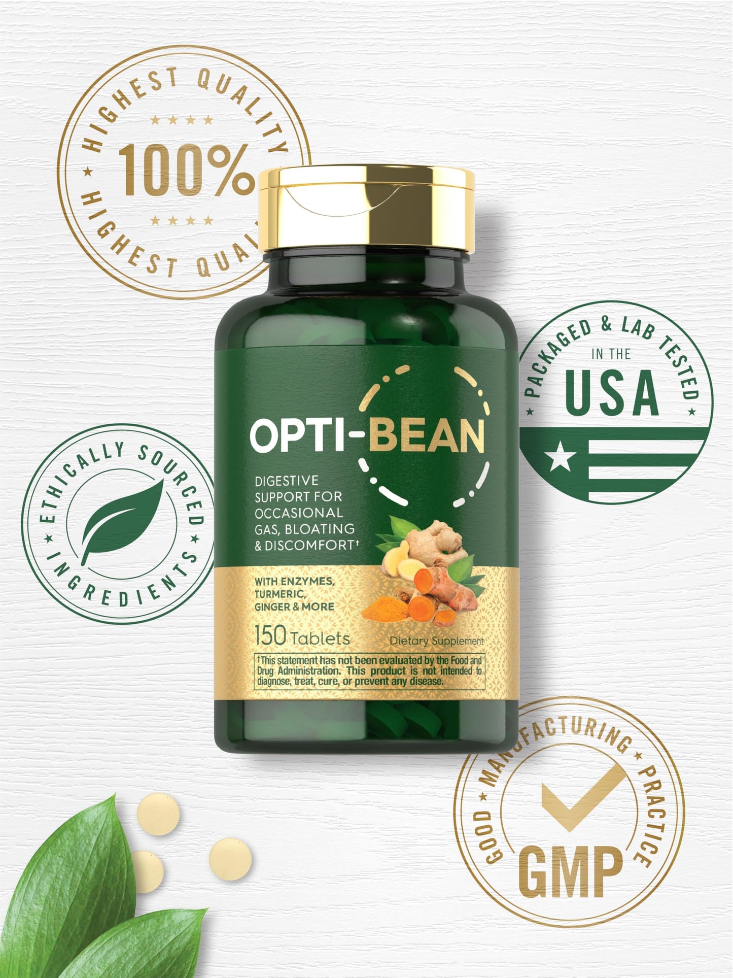 Carlyle Opti-Bean 150 Tablets – Digestive Support Enzyme Blend | Gas & Bloating | Vegetarian, Non-GMO & Gluten Free
