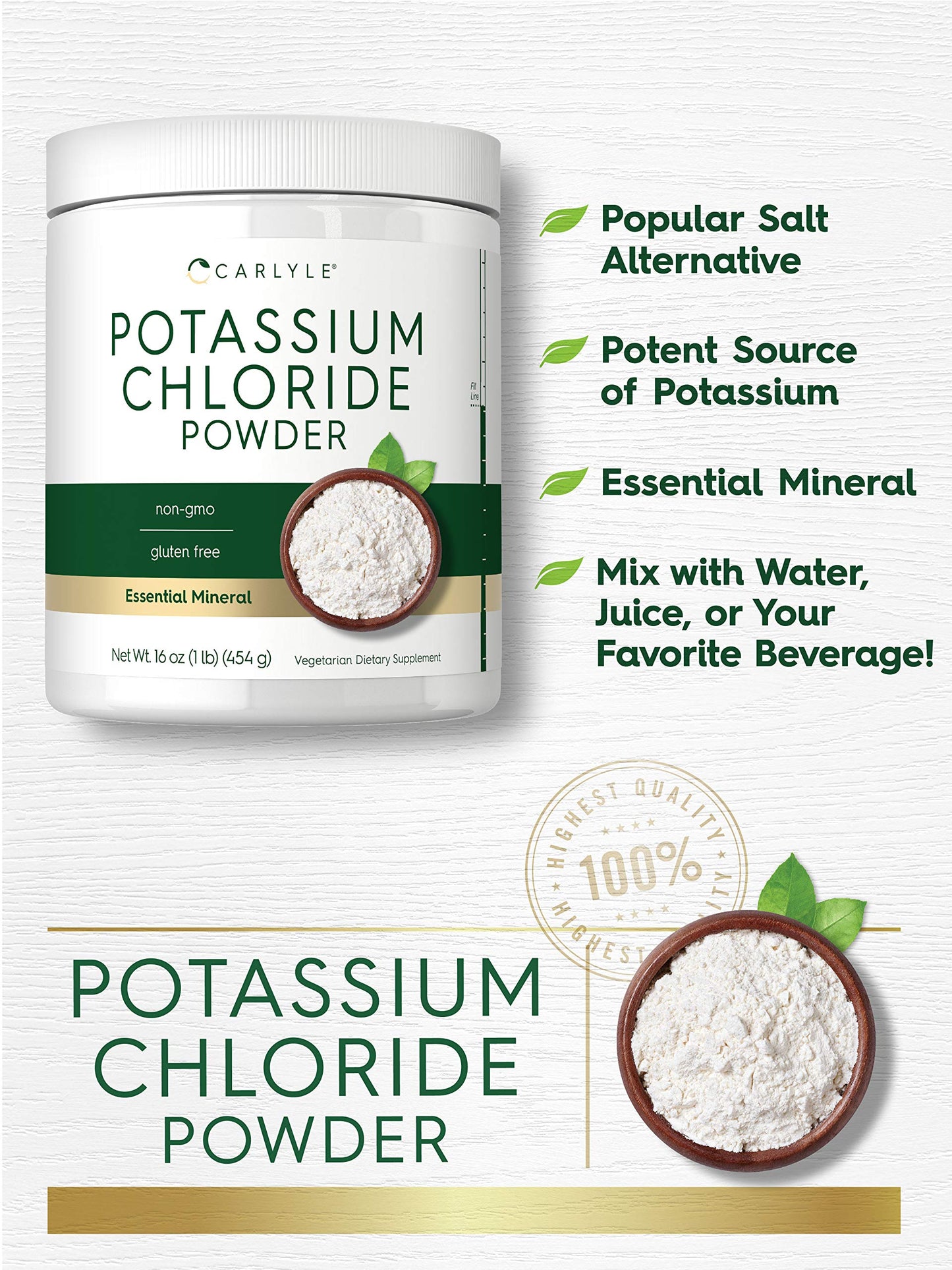 Potassium Chloride Powder 16 oz – Carlyle | Food Grade Salt Substitute, Vegan