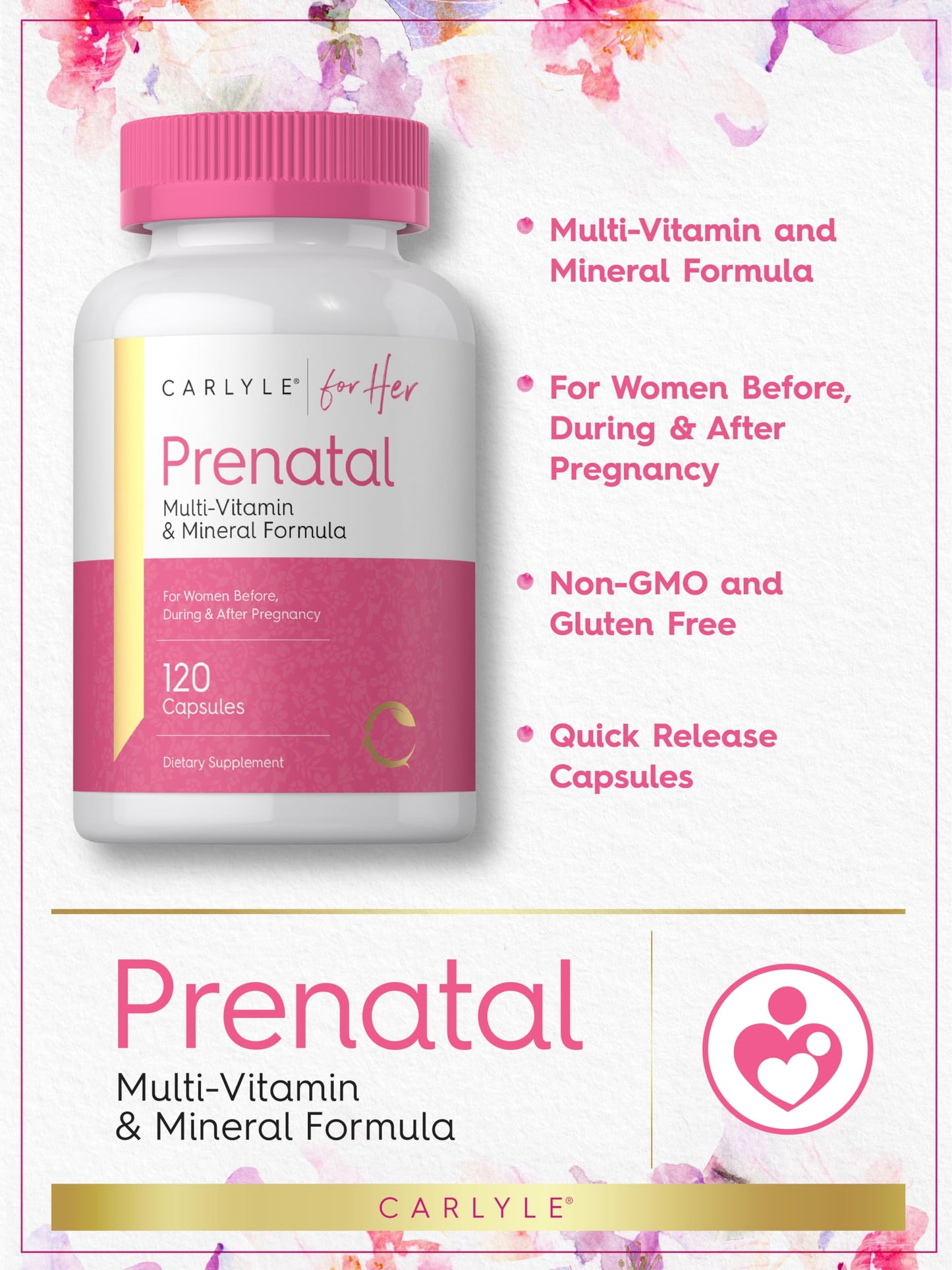 Carlyle Prenatal Vitamins for Women – 120 Capsules | Multivitamin & Mineral Formula with Folic Acid | Non-GMO & Gluten Free