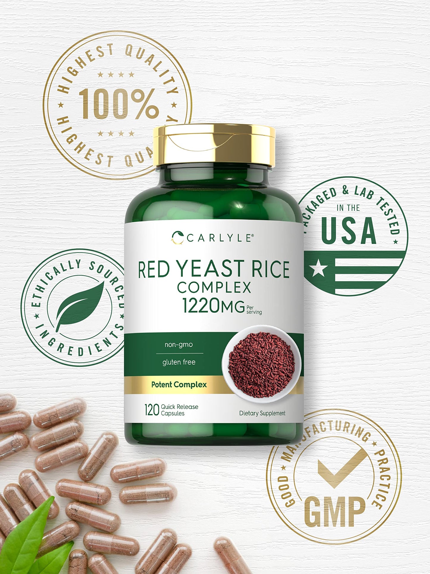Carlyle Red Yeast Rice Complex 1220mg | 120 Caps | Policosanol | Non-GMO