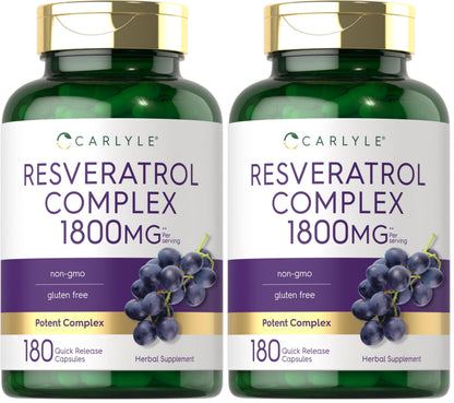 Carlyle Resveratrol 1800mg Supplement – 180 Capsules, Non-GMO & Gluten Free | Pack of 2
