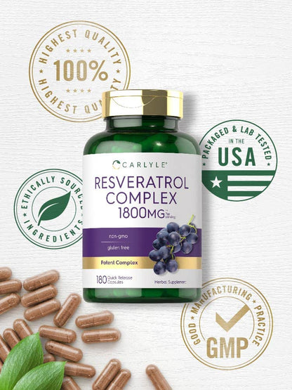 Carlyle Resveratrol 1800mg Supplement – 180 Capsules, Non-GMO & Gluten Free | Pack of 2