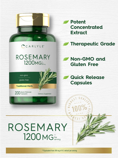 Carlyle Rosemary Capsules 1200mg | 200 Count | Non-GMO & Gluten-Free Extract