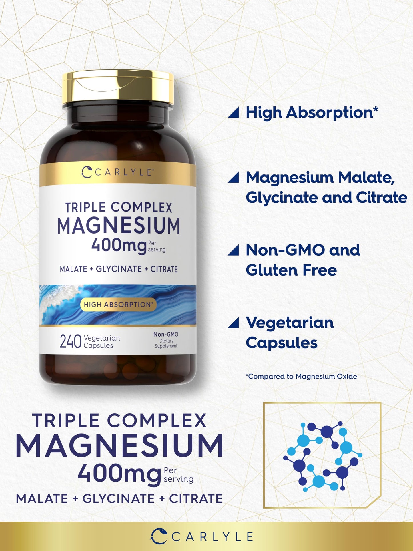 Carlyle Triple Magnesium Complex – 400 mg, 240 Capsules | Mg Malate, Glycinate & Citrate | Vegetarian, Non-GMO, Gluten Free