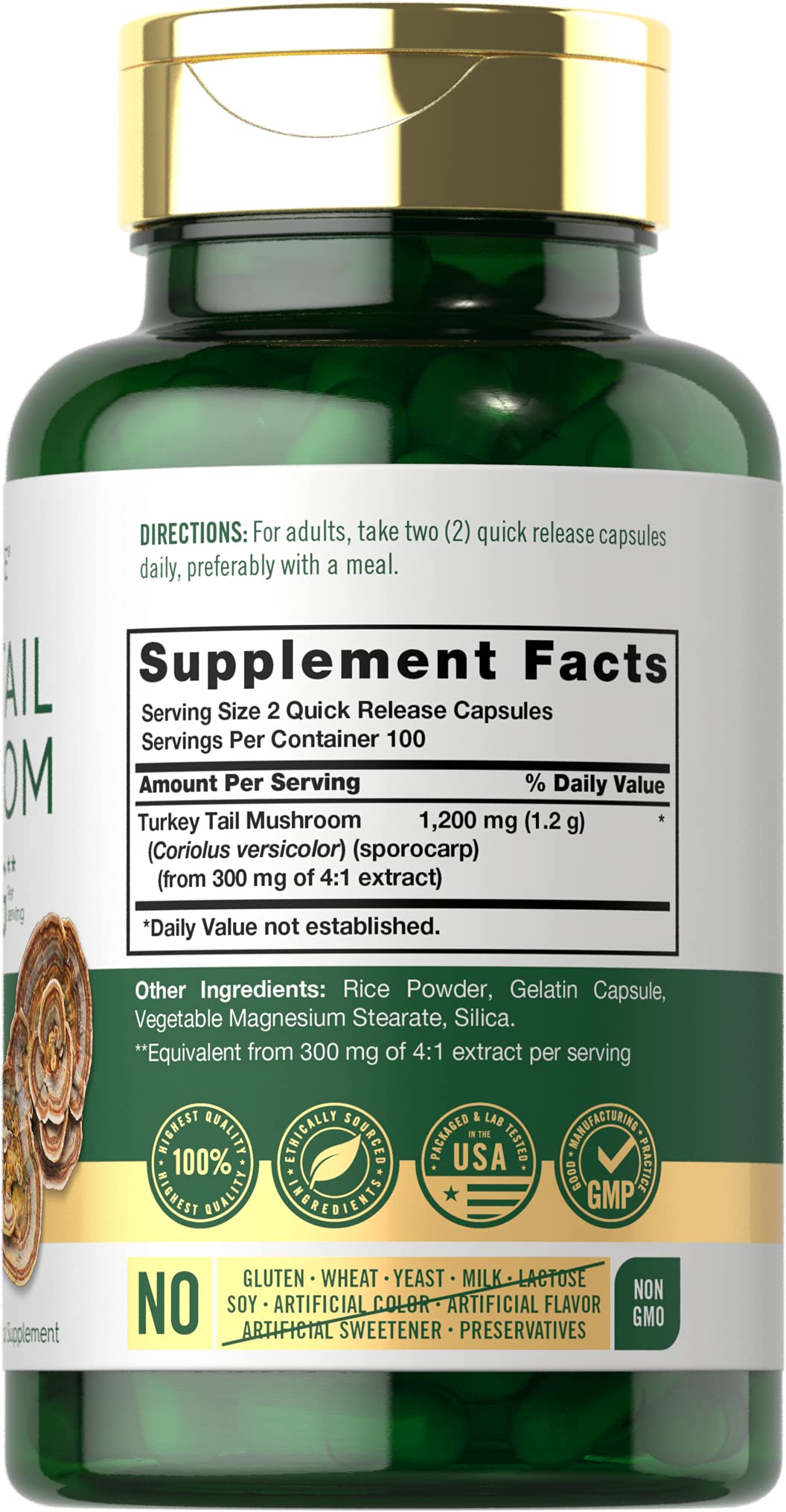 Carlyle Turkey Tail Mushroom Capsules - 1200mg, 200 Count | Non-GMO & Gluten Free