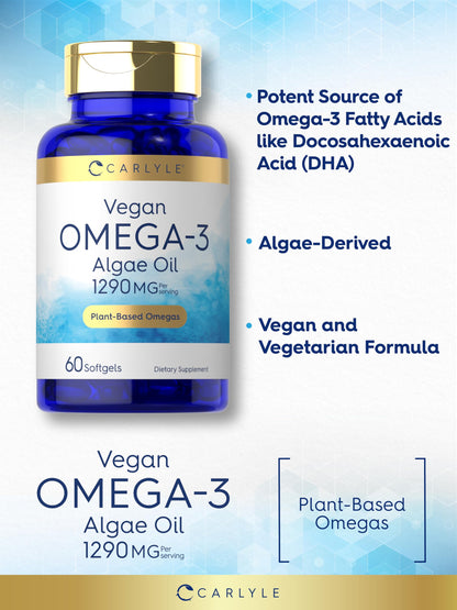 Carlyle Vegan Omega-3 Supplement – 1290 mg, 60 Softgels, Plant-Based from Algae Oil