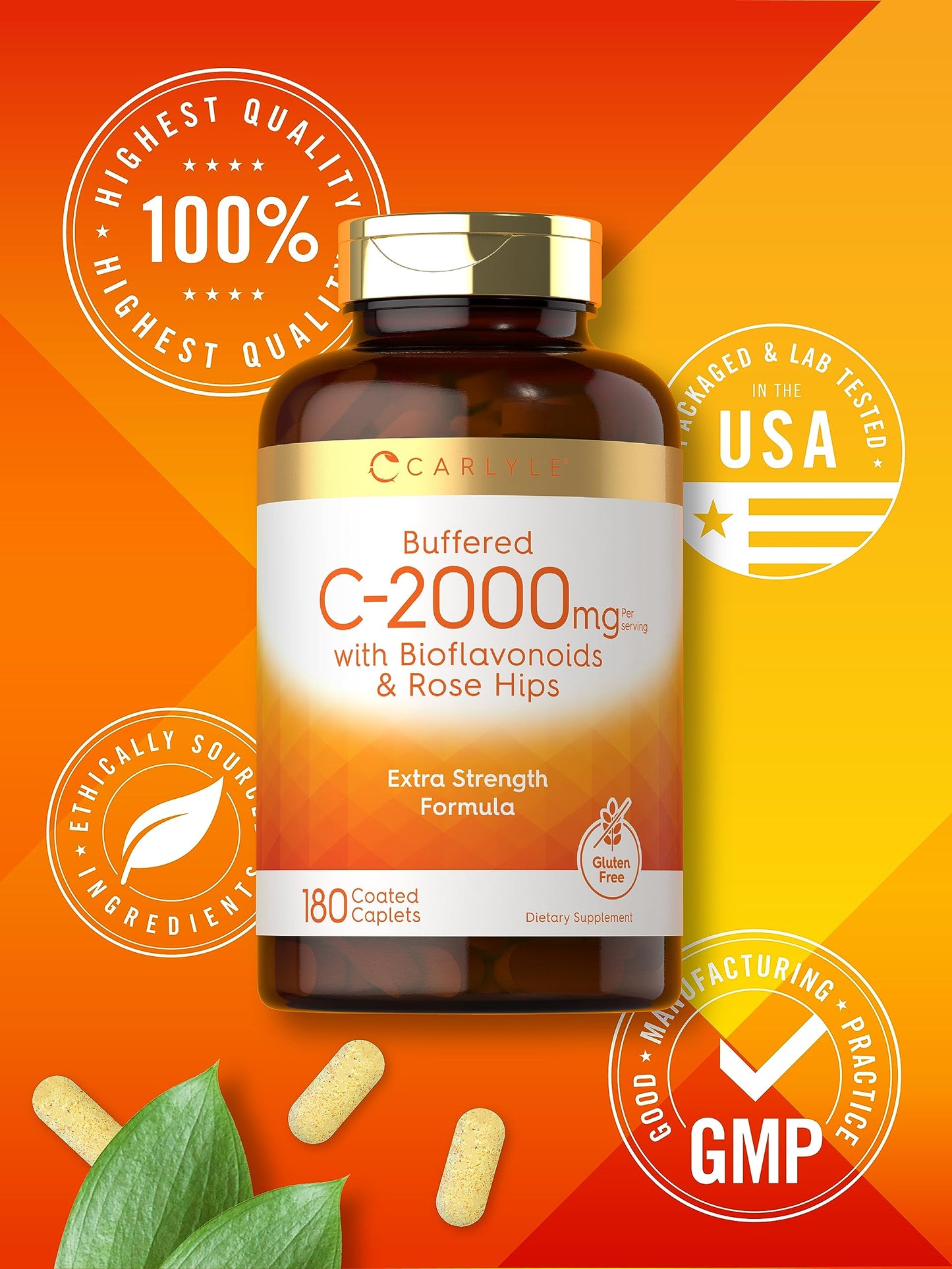 Carlyle Buffered Vitamin C 2000mg | 180 Caplets | Rose Hips & Bioflavonoids