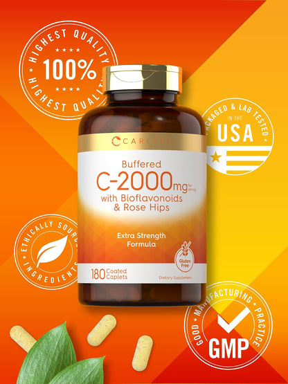 Carlyle Buffered Vitamin C 2000mg | 180 Caplets | Rose Hips & Bioflavonoids