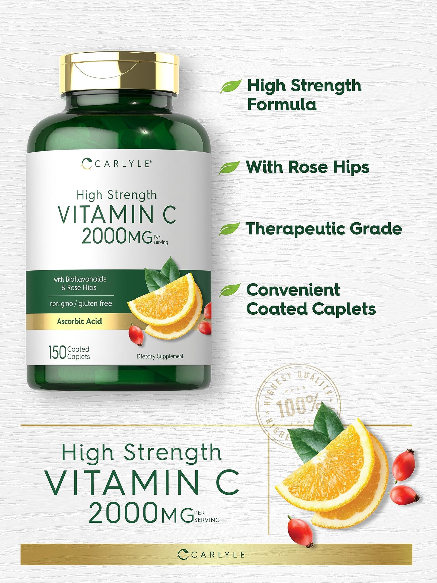 Carlyle Vitamin C 2000mg with Rose Hips – 150 Caplets | Vegetarian, Non-GMO, Gluten Free