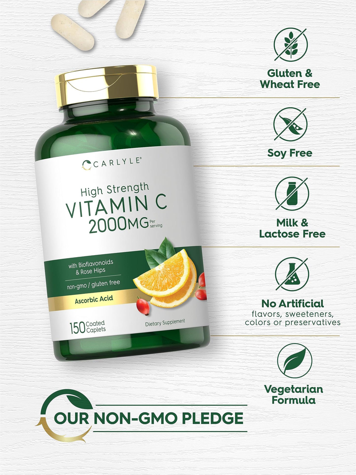 Carlyle Vitamin C 2000mg with Rose Hips – 150 Caplets | Vegetarian, Non-GMO, Gluten Free