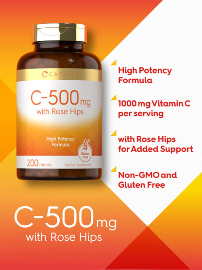 Carlyle Vitamin C 500mg with Rose Hips – 200 Tablets | Vegetarian, Non-GMO, Gluten Free