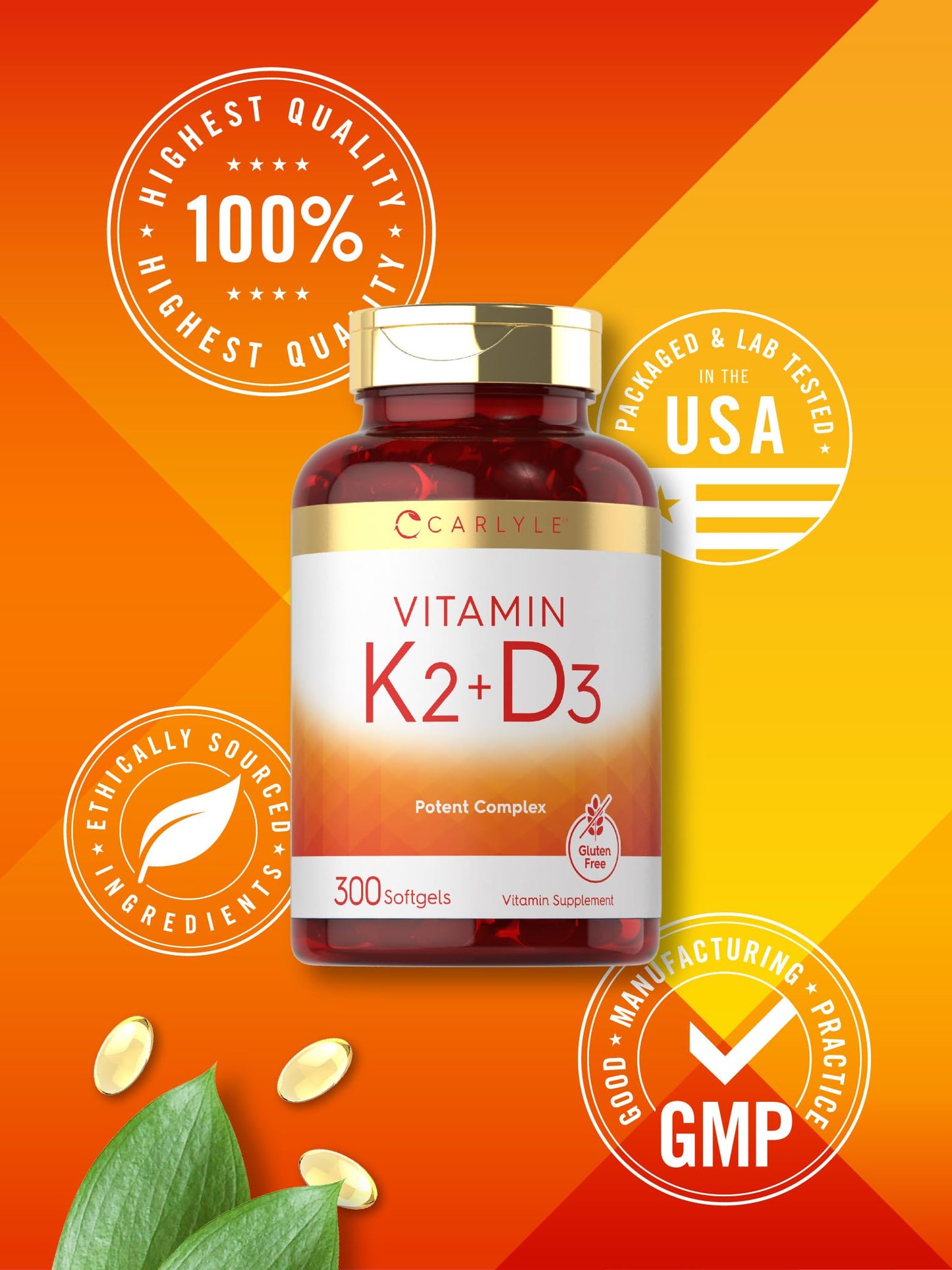 Carlyle Vitamin K2 D3 Supplement – 300 Softgels | 200 mcg K2 MK-7, 10,000 IU D3 | Non-GMO, Gluten Free