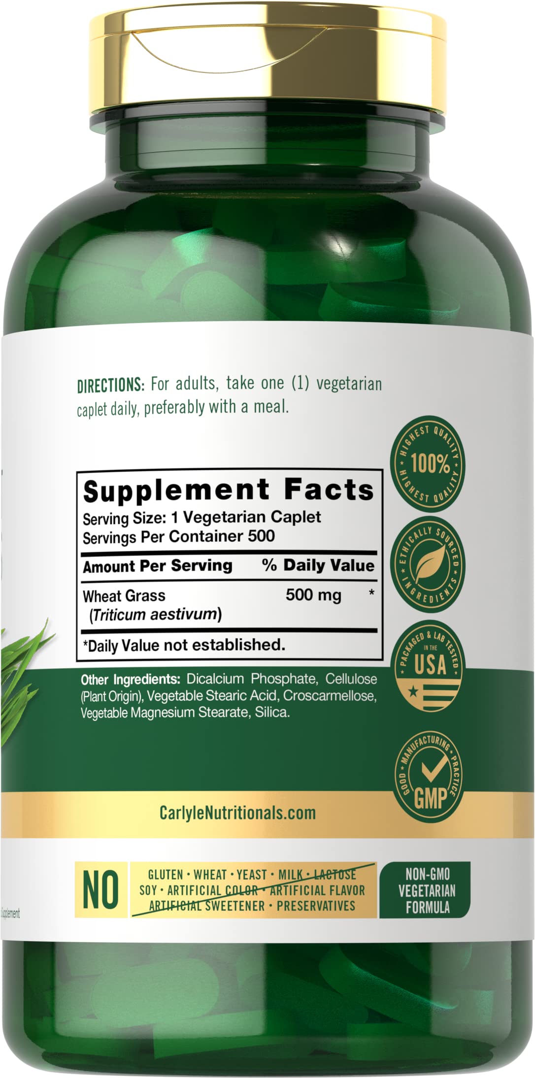 Carlyle Wheat Grass Supplement | 500 Vegetarian Caplets | Non-GMO, Gluten Free Superfood