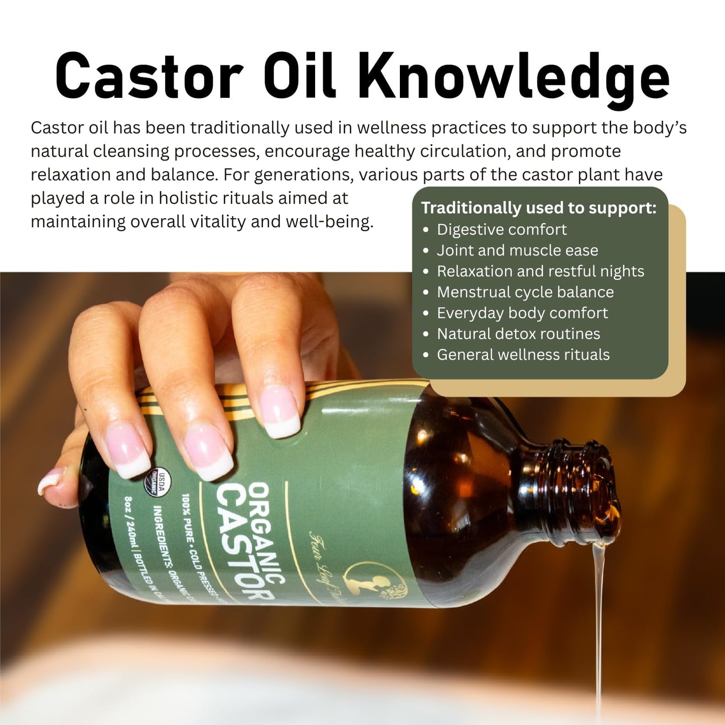 Four Leaf Naturals Organic Unrefined Castor Oil - 8 oz | USDA Certified | Cold-Pressed