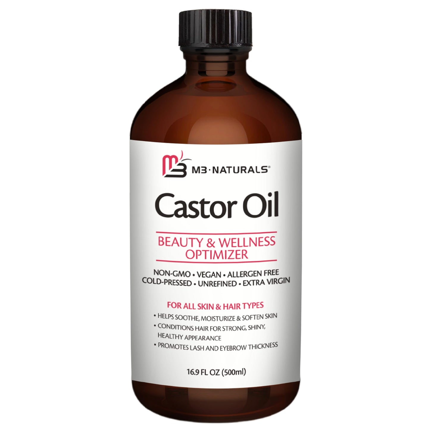 100% Pure Organic Castor Oil – Hair & Skin Care, Hexane-Free, Cold Pressed, 500ml Glass Bottle