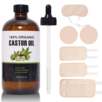 Castor Oil Organic Cold Pressed Unrefined – Glass Bottle 16oz/473ml | 6-Piece Castor Oil Pack Kit