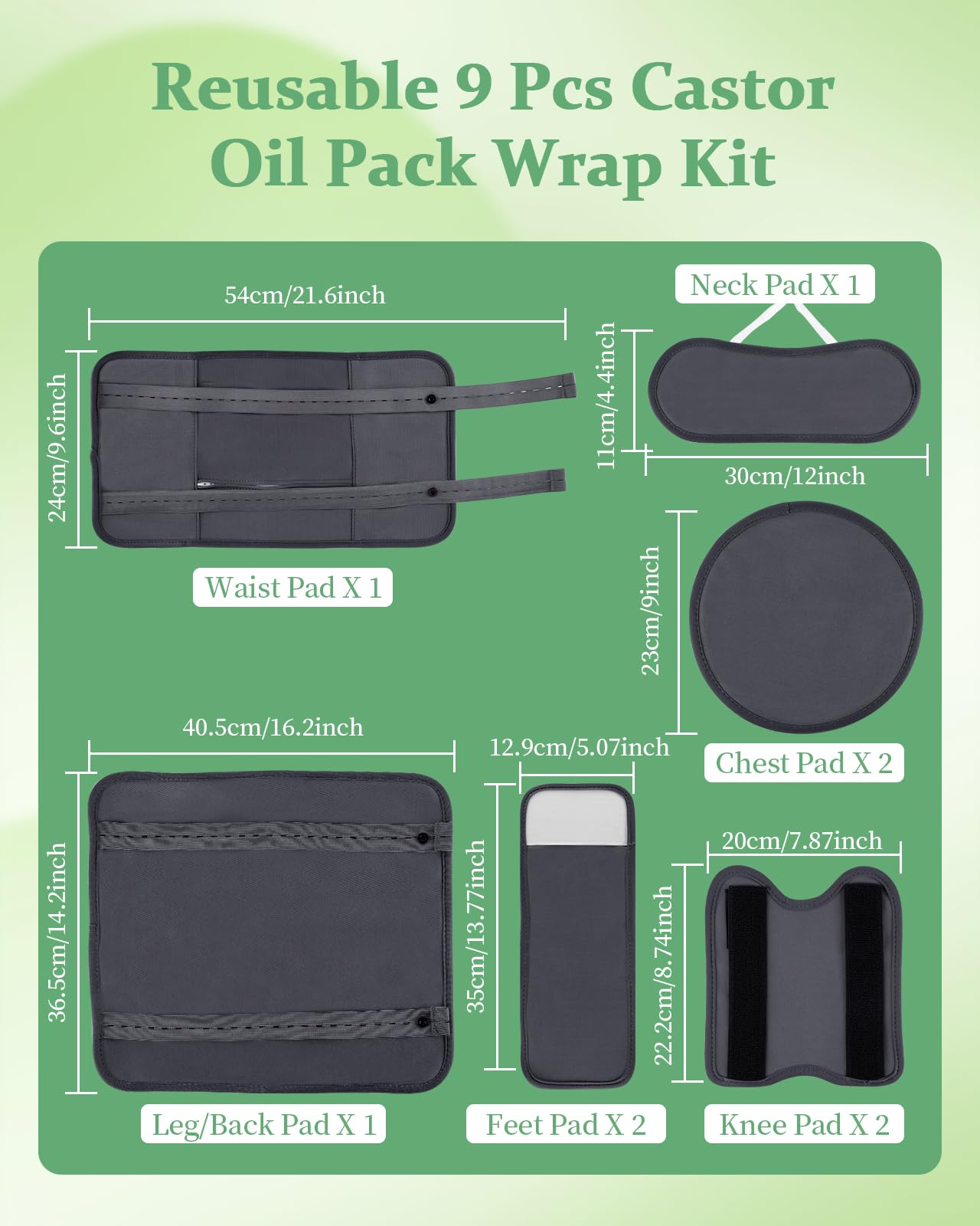 Organic Castor Oil Pack Kit — 9 Pcs Reusable Wraps with Adjustable Straps