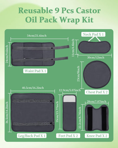Organic Castor Oil Pack Kit — 9 Pcs Reusable Wraps with Adjustable Straps