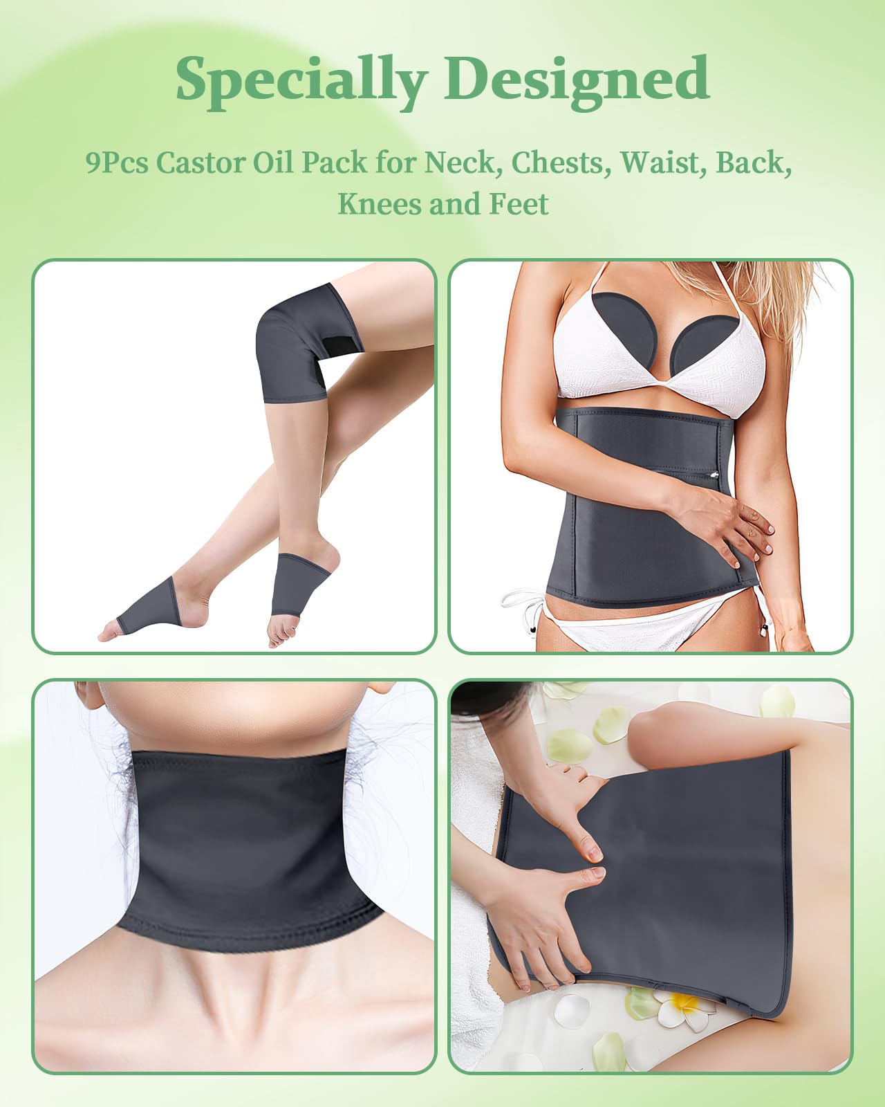 Organic Castor Oil Pack Kit — 9 Pcs Reusable Wraps with Adjustable Straps
