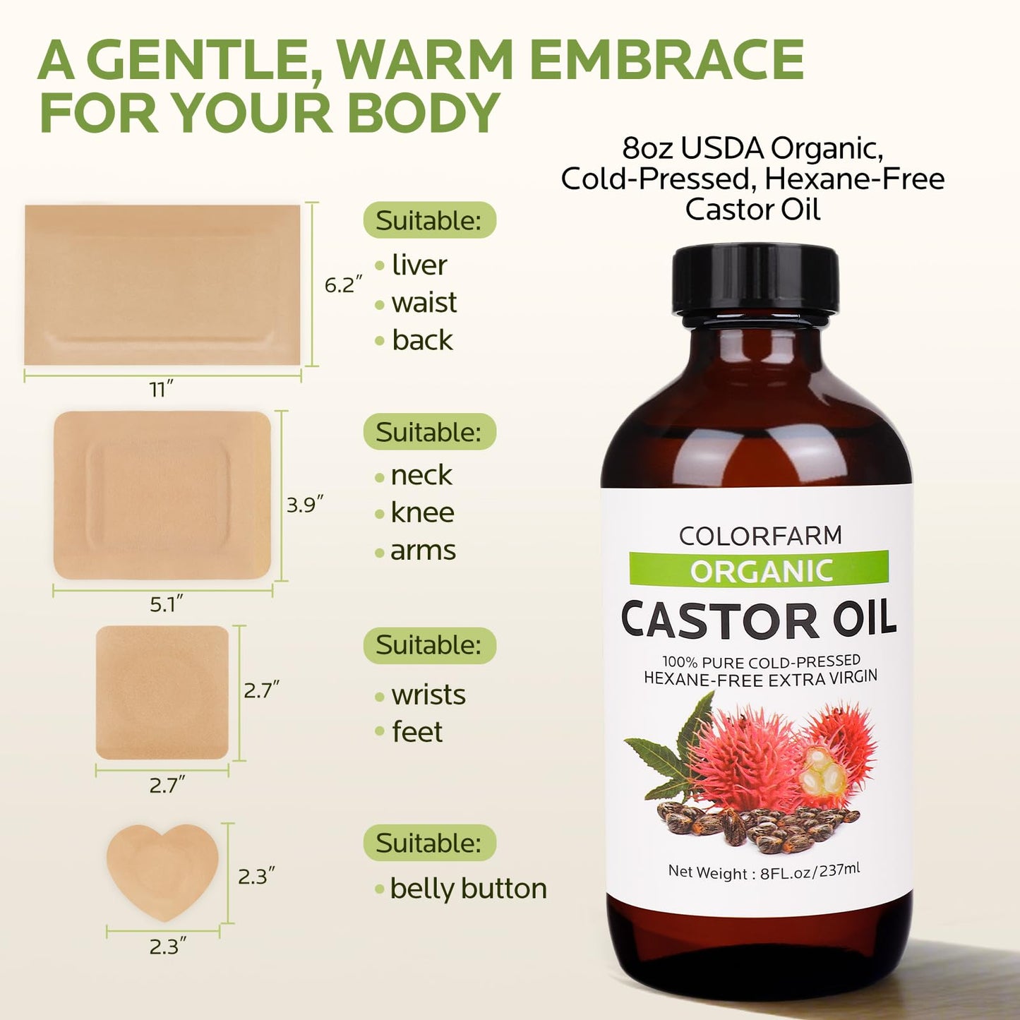 40 Pcs Castor Oil Pack Wrap – Organic Cold-Pressed Castor Oil, 8oz + Patches