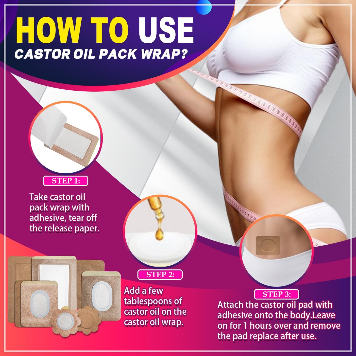 Castor Oil Pack Wrap Patch - Organic Cotton Belly Button Patch (30 Pcs) | Disposable Self-Adhesive Abdominal Pads