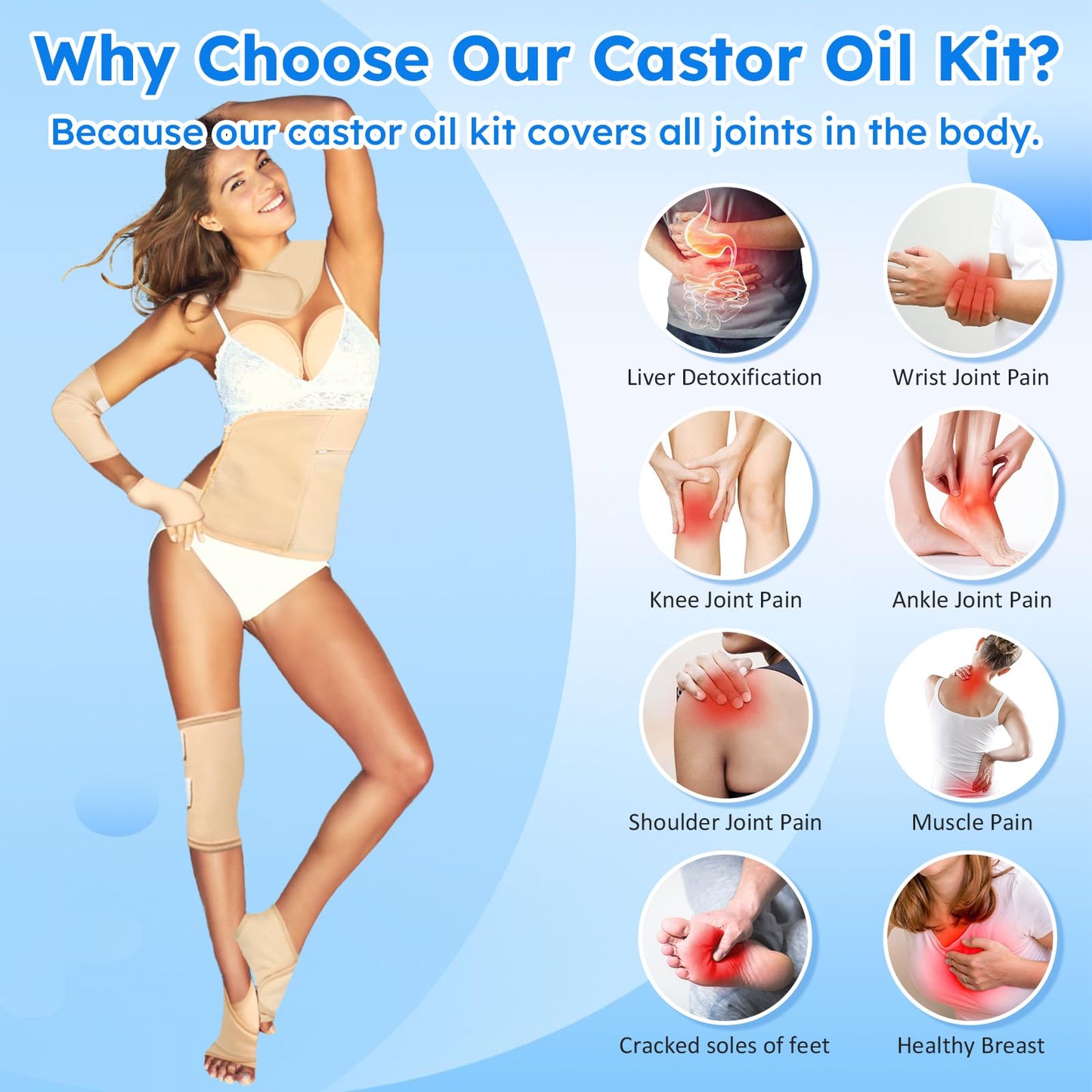 Castor Oil Pack Wrap Kit – 10 Pcs Reusable Organic Castor Oil Packs with Adjustable Straps