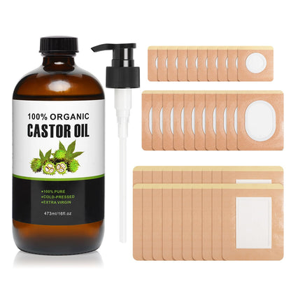 40Pcs Castor Oil Pack Wrap – Organic Cotton Patches, 16oz Amber Glass Bottle