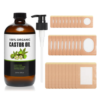 30Pcs Castor Oil Pack Wrap - Organic Cotton Patches & 8 oz Glass Bottle