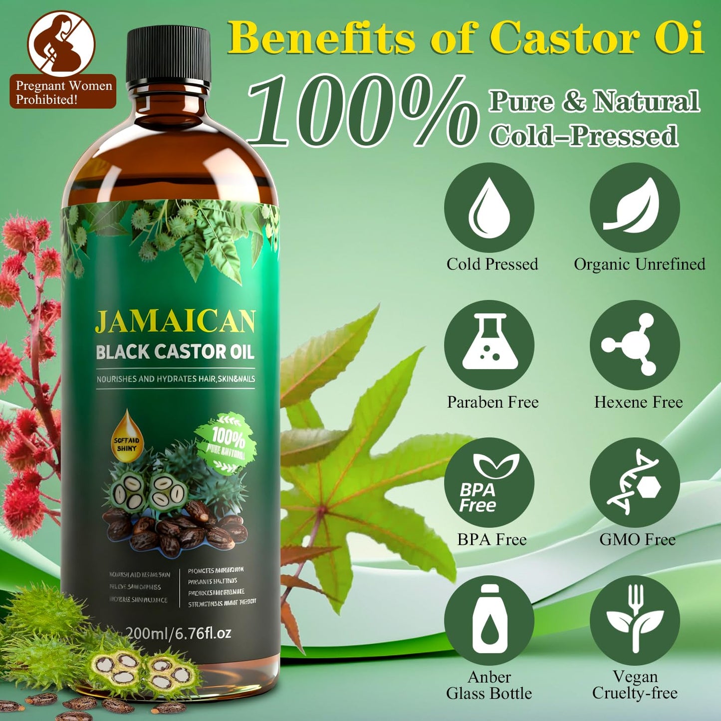 42 Pcs Castor Oil Pack Wrap Set with Organic Cold-Pressed Castor Oil – 6.76 oz Glass Bottle