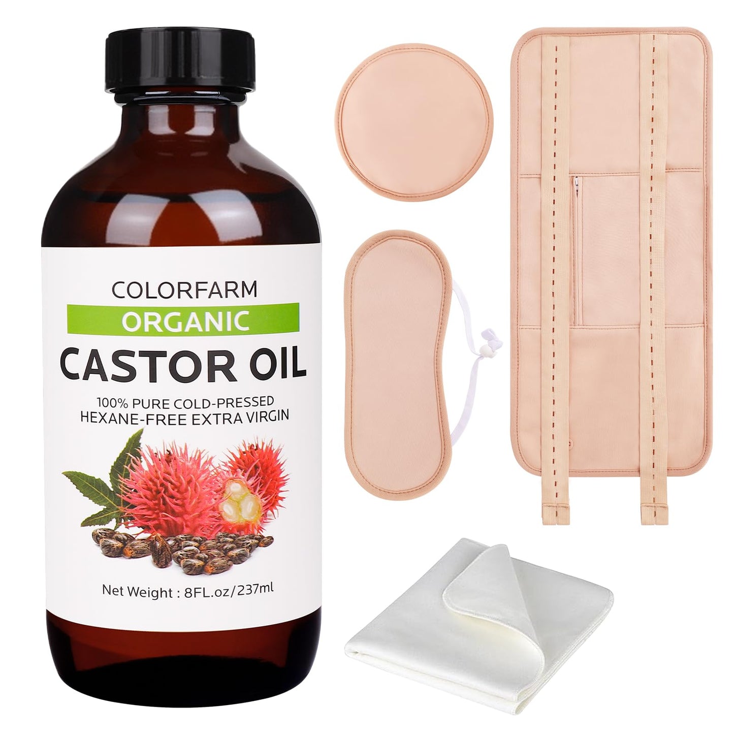 6 Pcs Castor Oil Pack Wraps – Organic Cold-Pressed Castor Oil 8oz with Reusable Pads