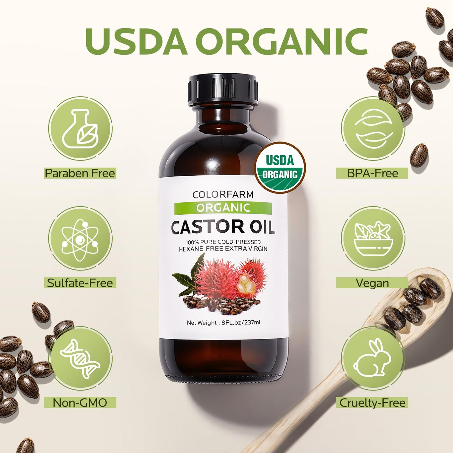 6 Pcs Castor Oil Pack Wraps – Organic Cold-Pressed Castor Oil 8oz with Reusable Pads