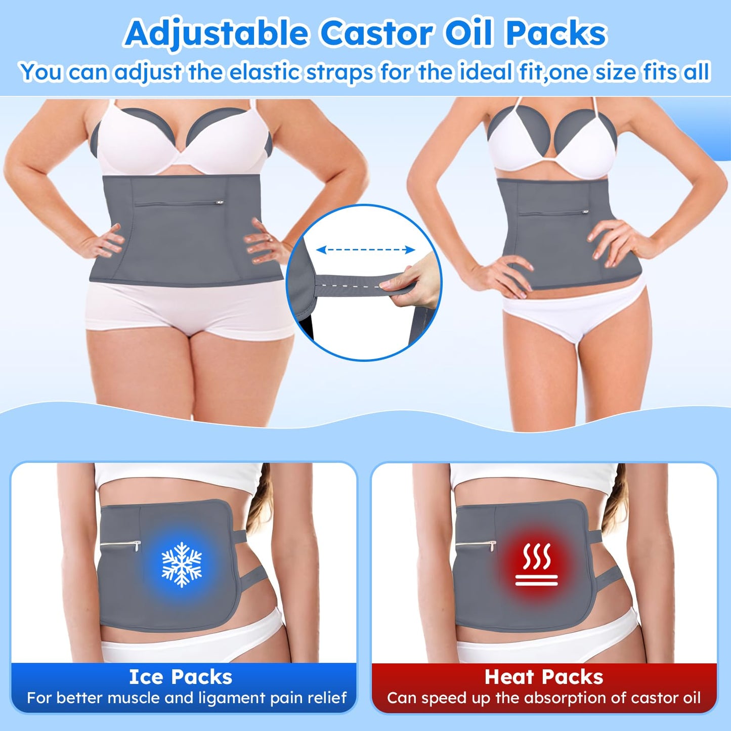 Castor Oil Pack Wrap Kit - 10 Pcs, Adjustable Straps, Reusable Organic Cotton (Gray)