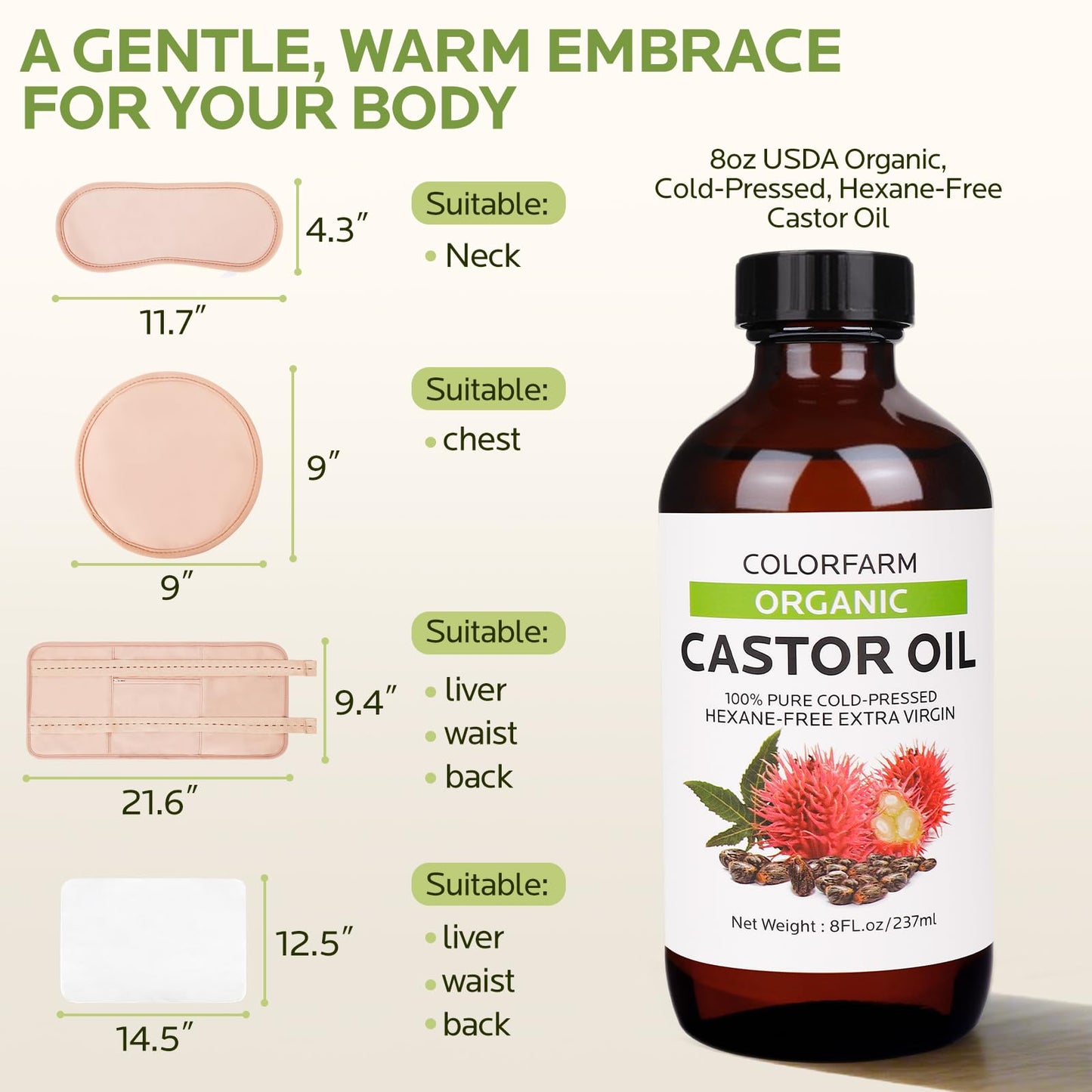 6 Pcs Castor Oil Pack Wraps – Organic Cold-Pressed Castor Oil 8oz with Reusable Pads