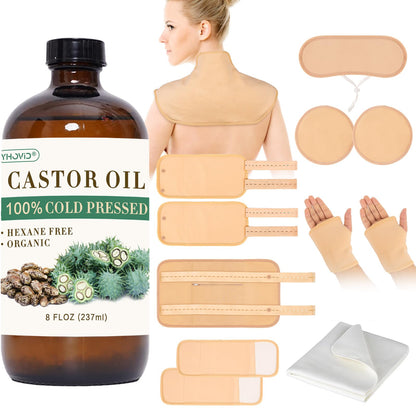 13 Pcs Castor Oil Pack Wrap Kit – Organic Cold-Pressed Castor Oil & Reusable Pads
