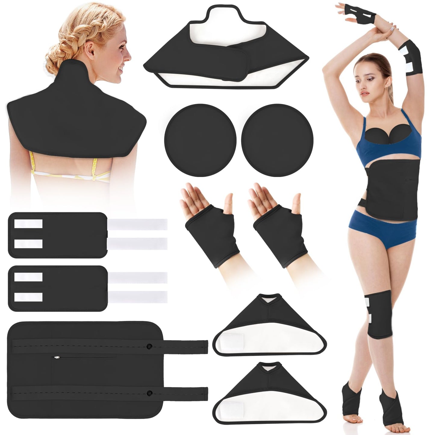 Castor Oil Pack Wrap Kit – 10 Pcs Reusable Organic Cotton with Adjustable Straps (Black)
