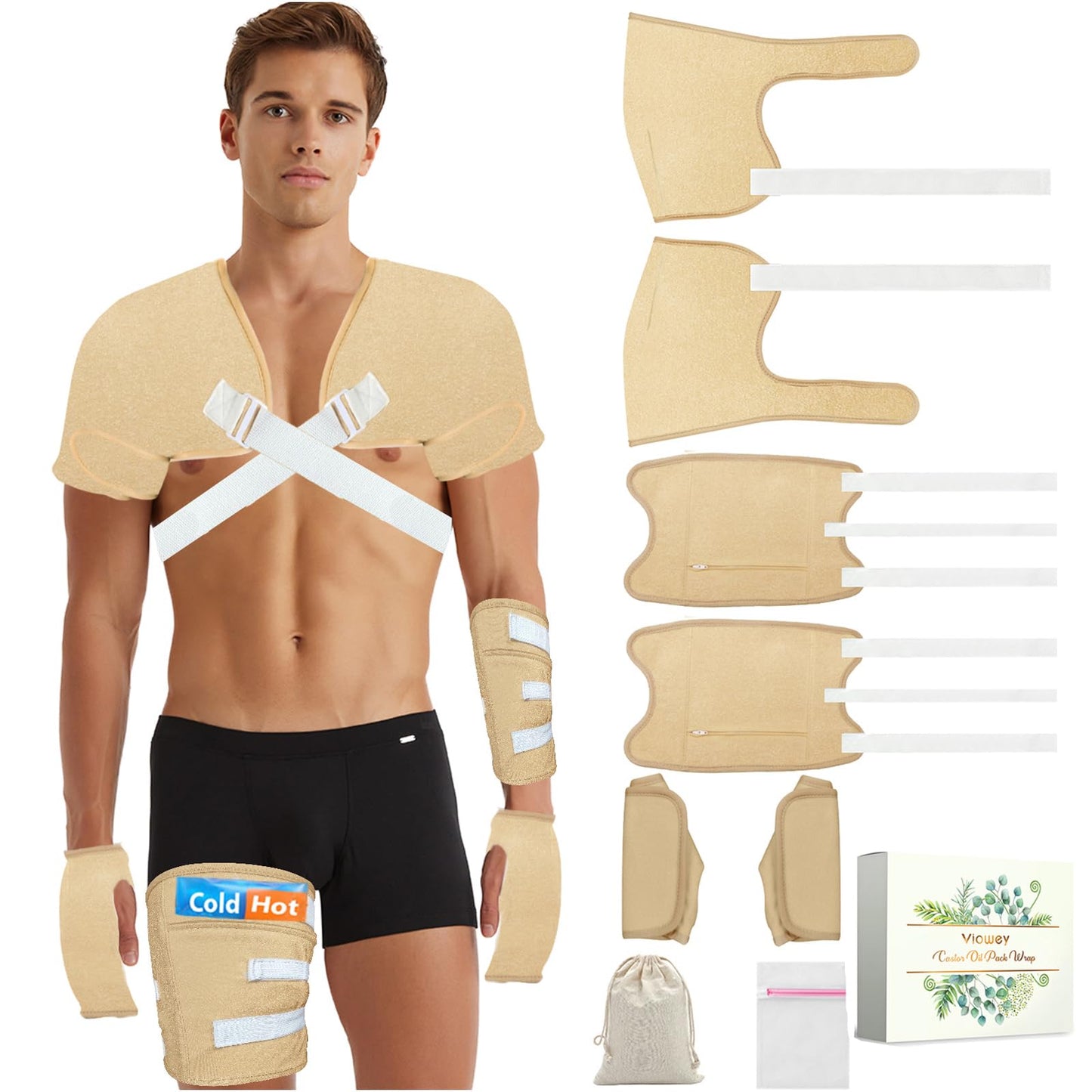 Castor Oil Pack Wrap for Men – 8pc Reusable Set, Plus Size, Machine Washable