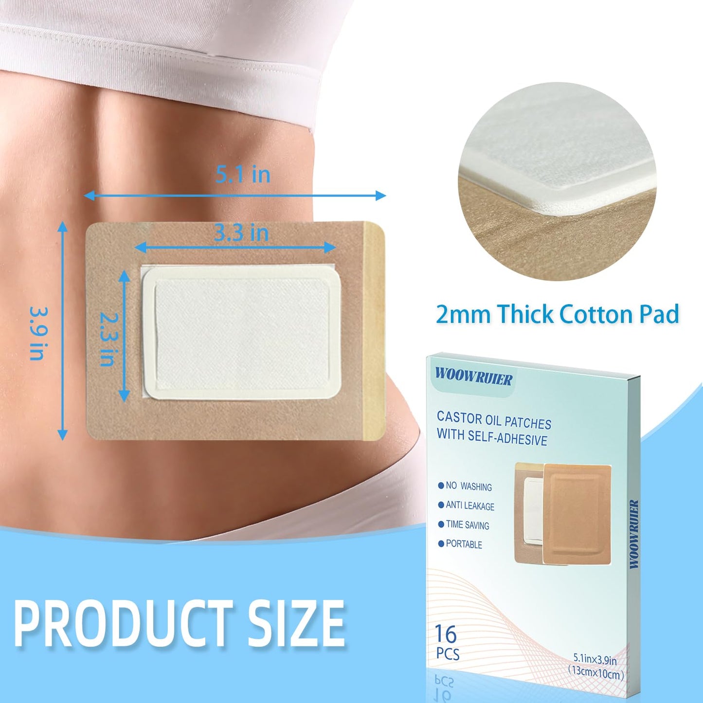 16 Pcs Castor Oil Patches – Disposable Packs with Anti-Leakage Cotton (5.1 x 3.9 in)