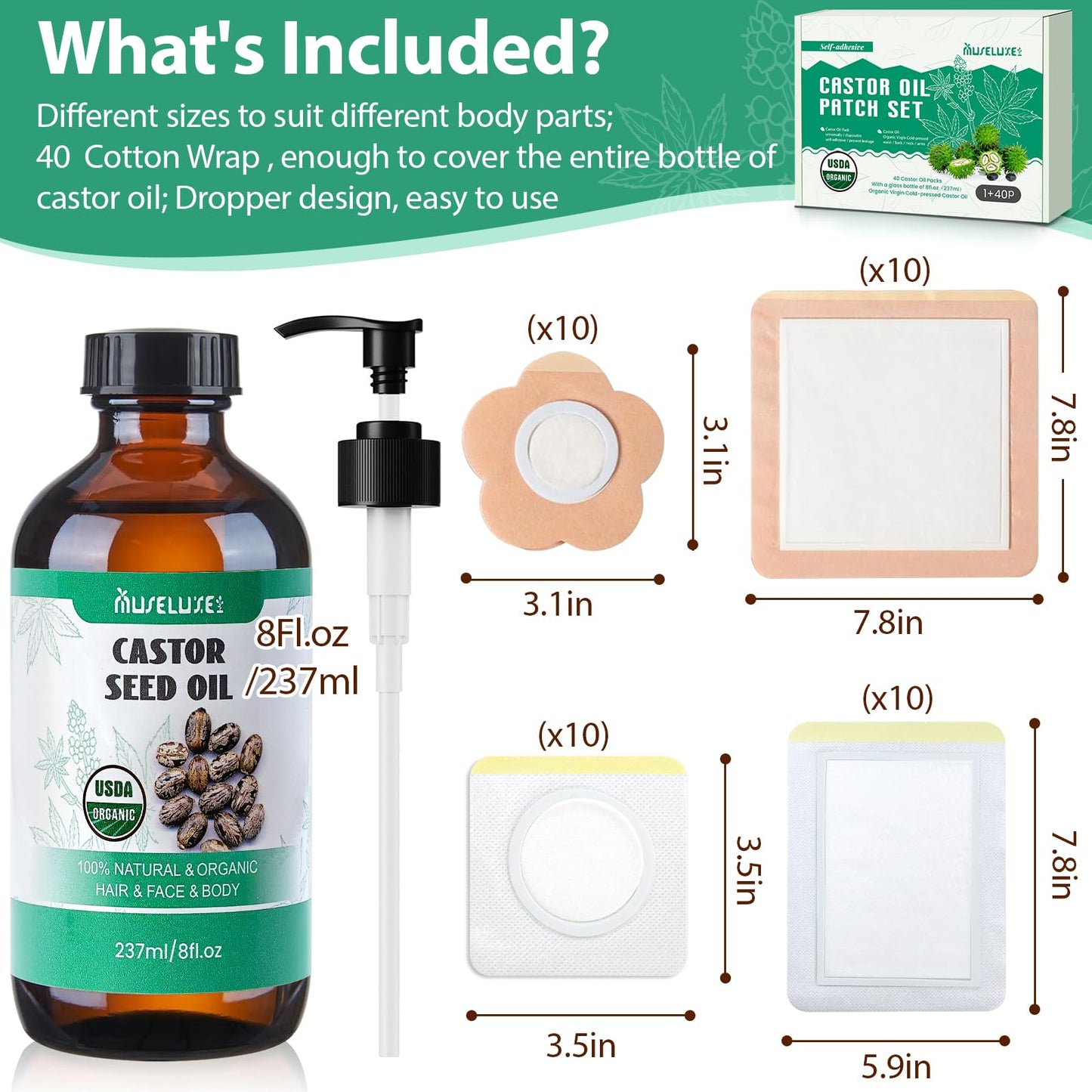 40 Pcs Castor Oil Patches Kit - Organic Cold-Pressed Castor Oil (8oz)