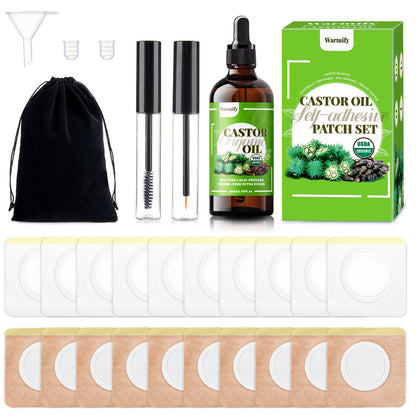 20 Pcs Castor Oil Patches Kit - Organic Cold-Pressed Oil in Glass Bottle (2.03oz) - Eyelash Care