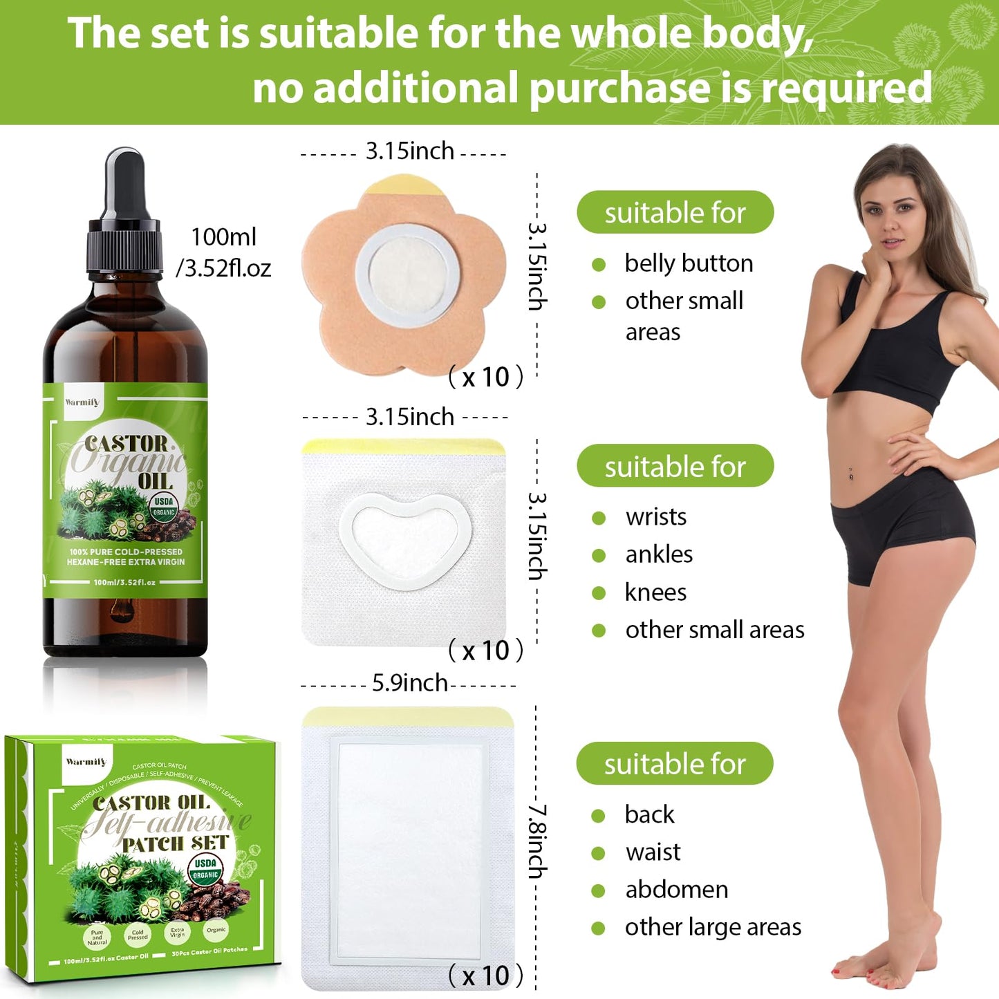 Castor Oil Patches Kit – Organic Cold-Pressed Castor Oil, 3.5oz Bottle + 30 Self-Adhesive Patches
