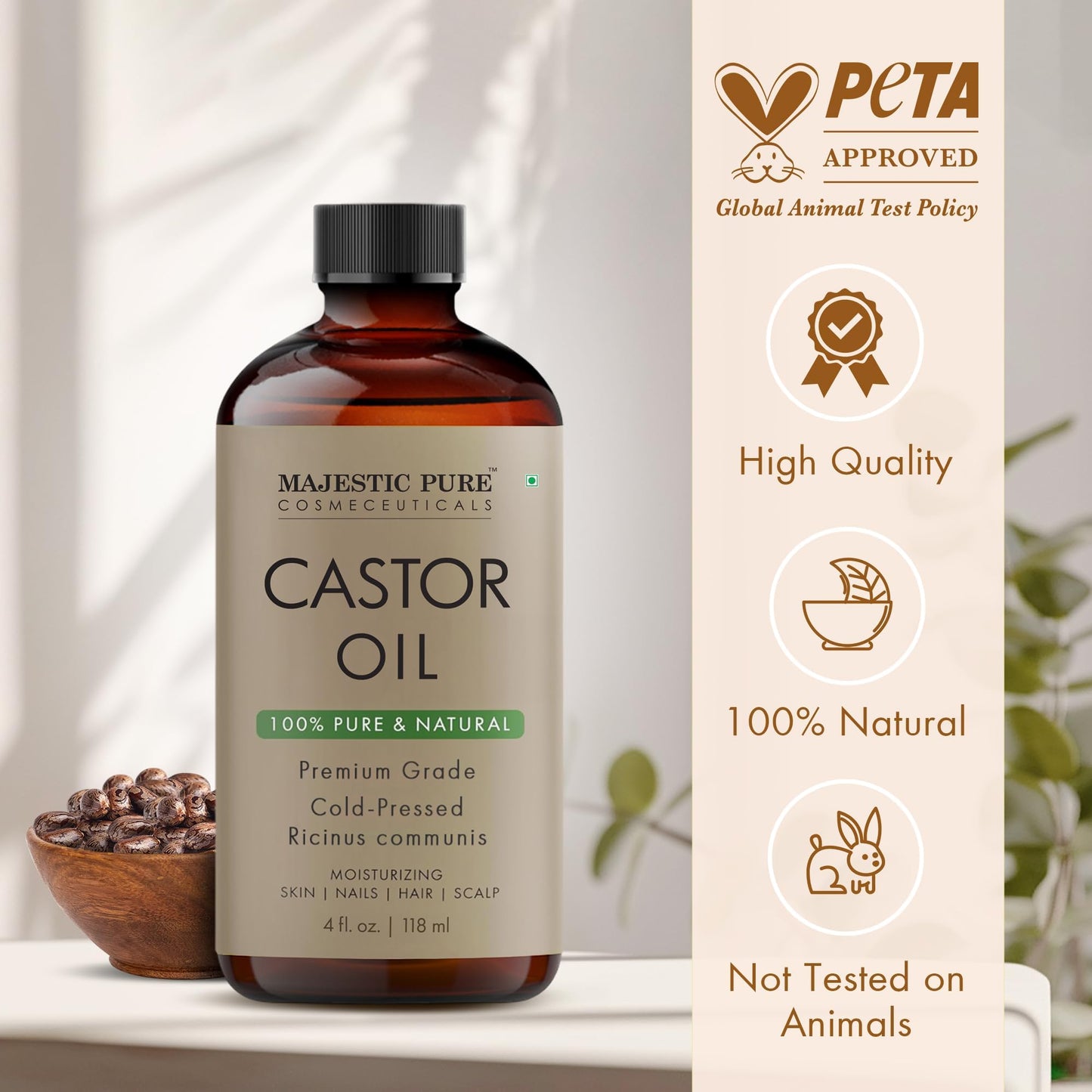 Majestic Pure USDA Organic Castor Oil - 4 Fl Oz | 100% Pure & Natural, Cold-Pressed, Hexane Free