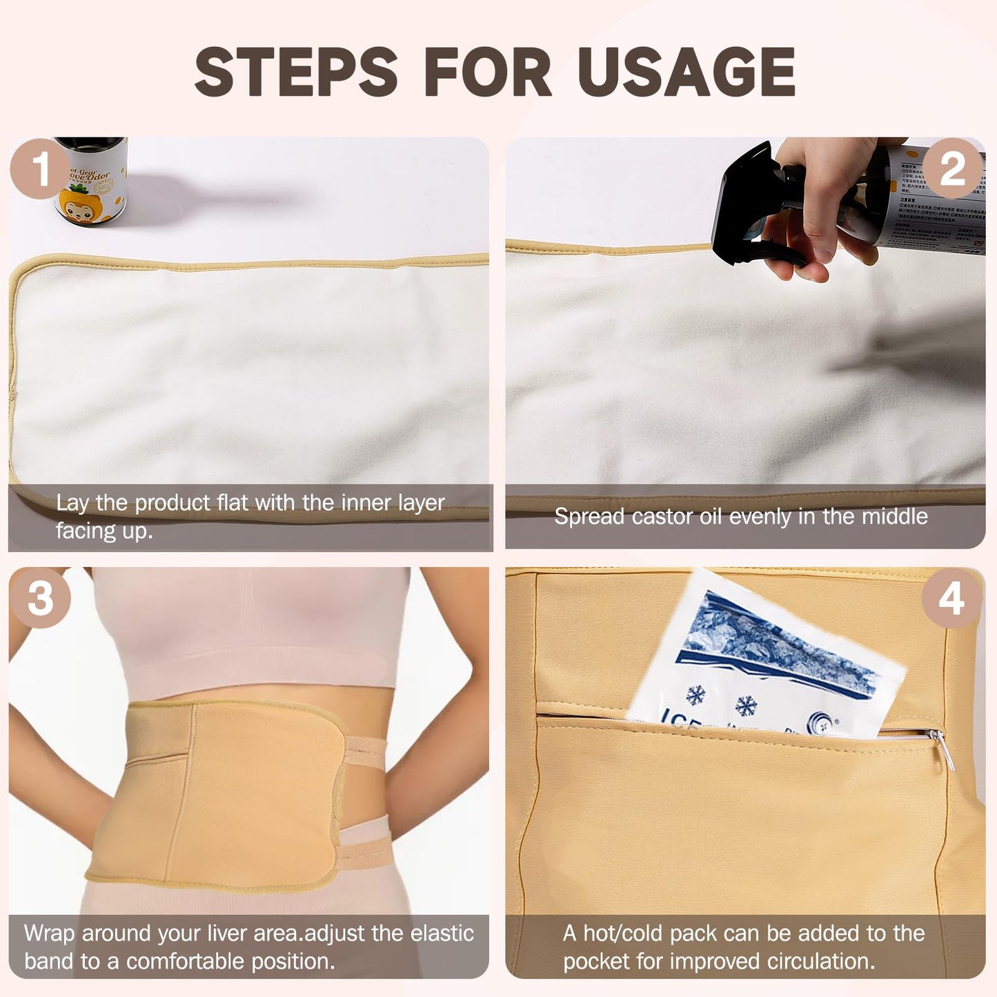 3Pcs Castor Oil Pack Wrap – Reusable Organic Pack for Liver Detox, Insomnia, Constipation & Inflammation | Adjustable Elastic Straps