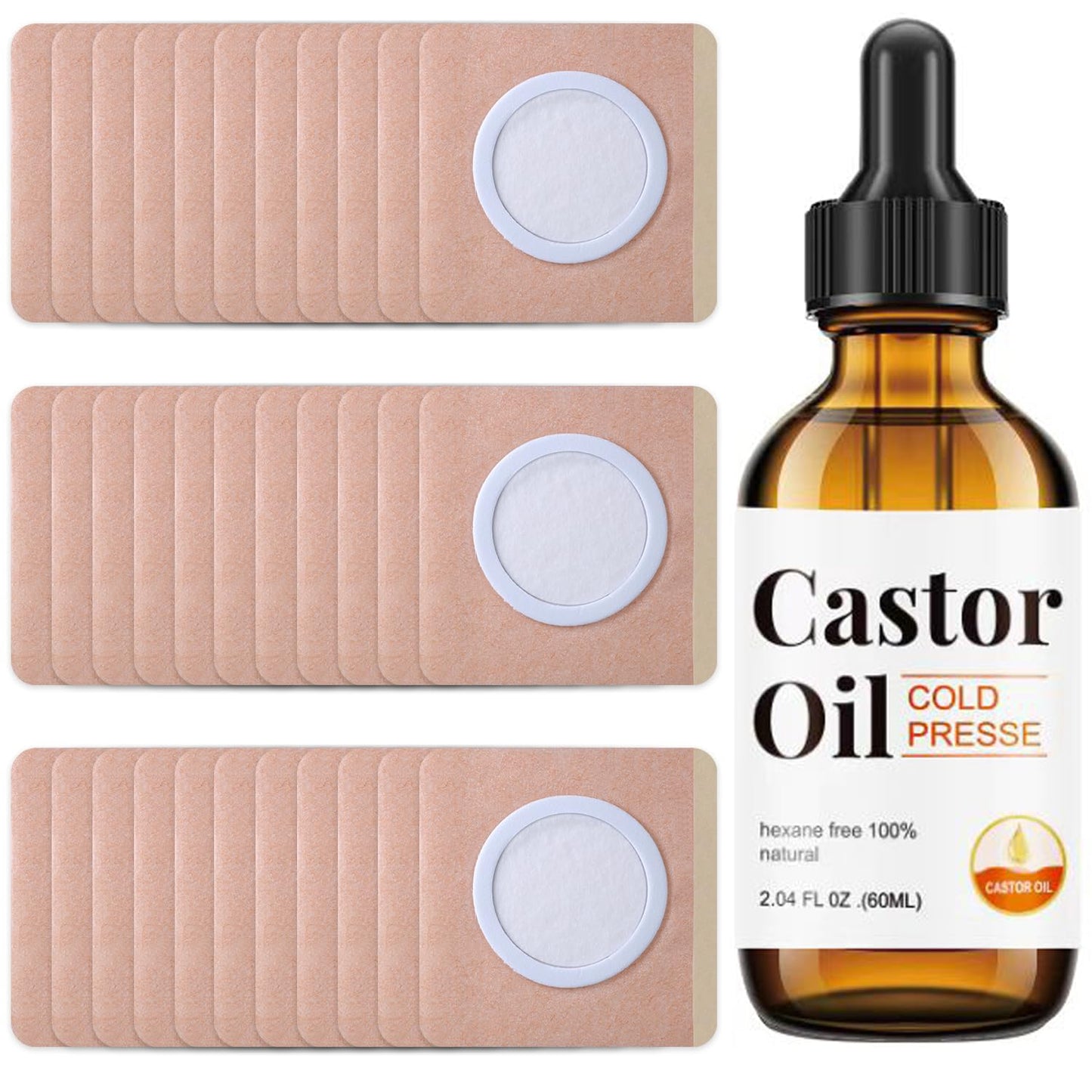 30Pcs Disposable Castor Oil Belly Button Patches – Self-Adhesive, Organic Cold-Pressed Oil in Amber Glass 2.04oz